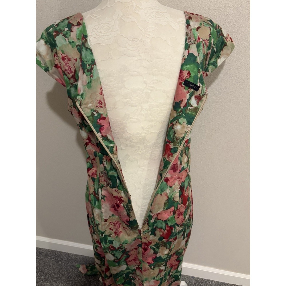 Talbots Cotton Sun Dress~12~ Watercolor Floral Fitted Belted V Nk Cap Sl Cottage - Picture 9 of 16